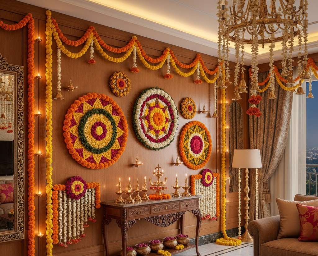 Floral Wall Decorations in luxury flat for diwali